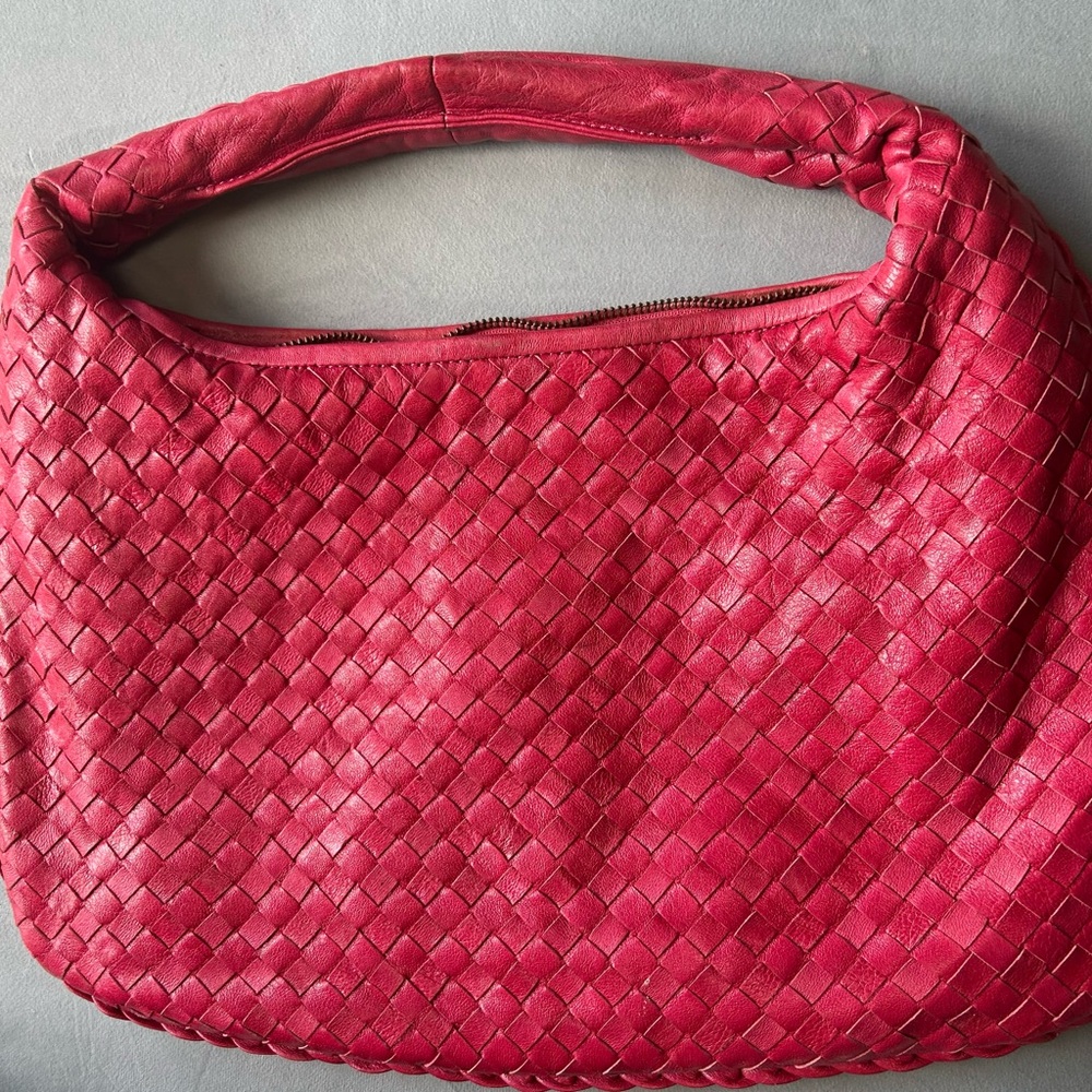 Woven Leather Hobo Bag - Red